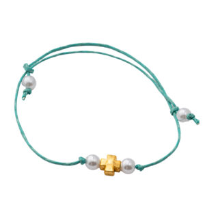 Μαρτυρικό Βραχιόλι με Πετρόλ Κορδόνι, Χρυσό Σταυρό & Πέρλες