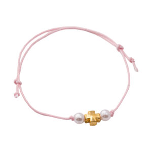 Μαρτυρικό Βραχιόλι με Ροζ Κορδόνι, Χρυσό Σταυρό & Πέρλες