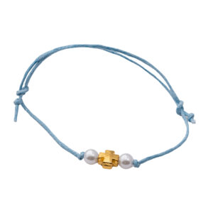 Μαρτυρικό Βραχιόλι με Γκρι Κορδόνι, Χρυσό Σταυρό & Πέρλες